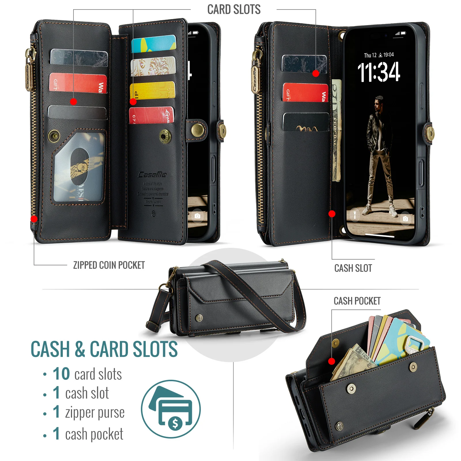 

CaseMe-C36 Crossbody Wallet Case For iPhone 17 16e 15 14 13 Pro Max 12 11 XS XR Luxury Flip Leather Card Holder Cover with Strap