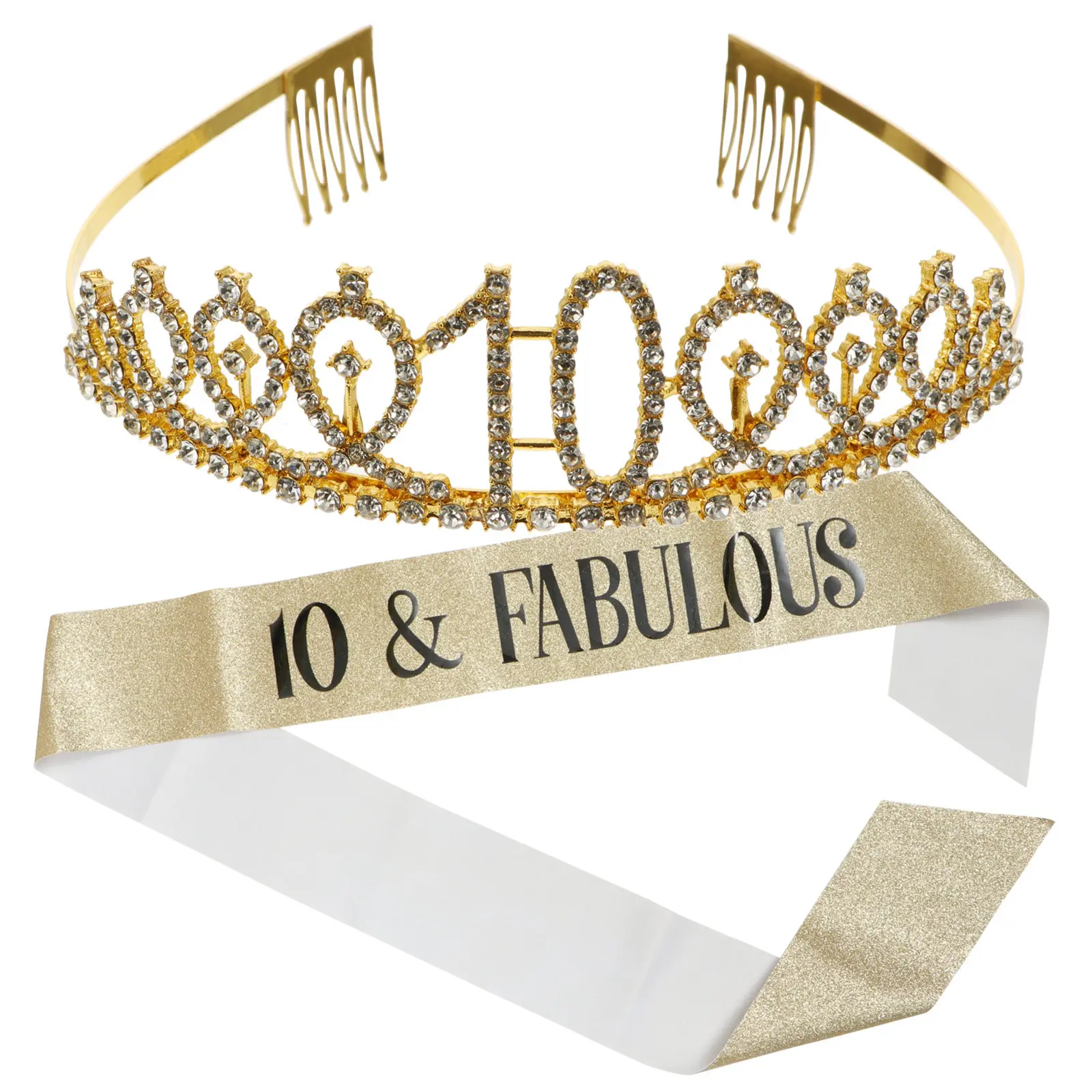 

1Set Birthday Crown Hair Comb Rhinestone Alloy Tiara with Satin Party Belt Exquisite Birthday Sash Party Decoration Accessories