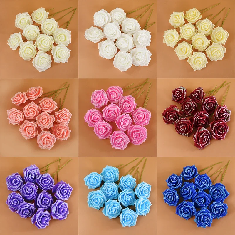 

10/20Pcs Glitter Artificial Foam Rose Pink White Flower For Wedding Party Decoration Bride Bouquet Decor Garden Fake Flower