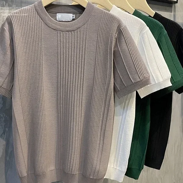 Summer New Fashion Knitted Short Sleeve O-neck T-shirts Men's Casual Trendy Solid Color Thin Ice Silk Undershirts Male Tops