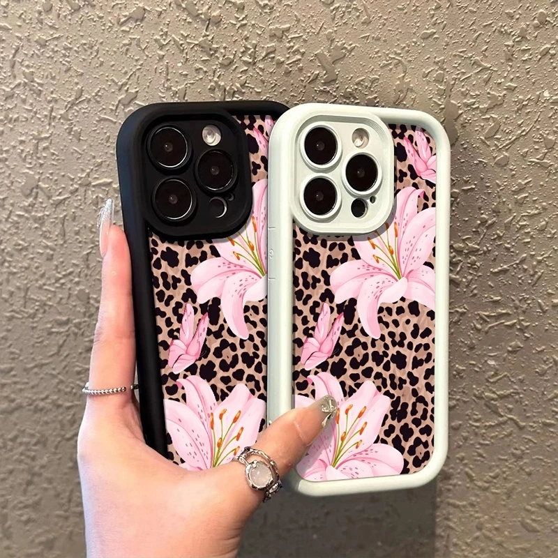 Pink Lily Flower Leopard Print Phone Case For Samsung Galaxy S26 S25 Ultra S24 FE S23 S22 S21 Plus A17 A37 A57 A56 A55 A54 Cover
