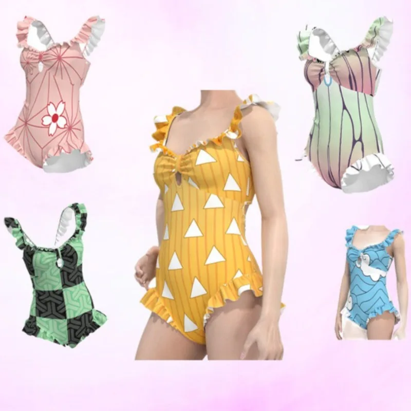 

Anime Demon Slayer Kamado Tanjirou Cosplay Costume Agatsuma Zenitsu Sexy Bikini Beach Halloween Summer bodysuit Swimsuit Sets