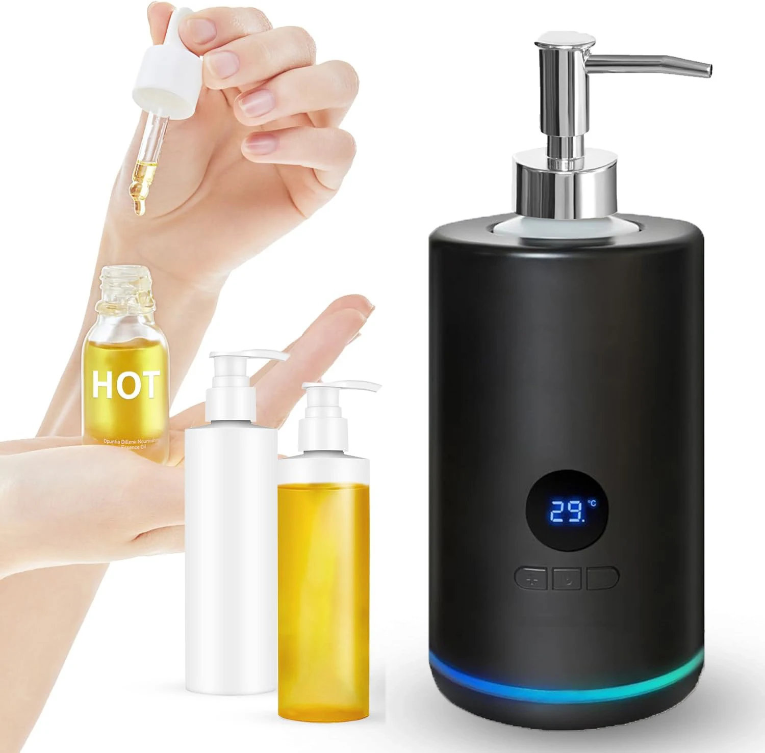 

Adjustable Temperature Heating Oil Warmer for Cream Lotion Warmer Dispenser Body Oils Heater with Two Oil Bottle Dispenser