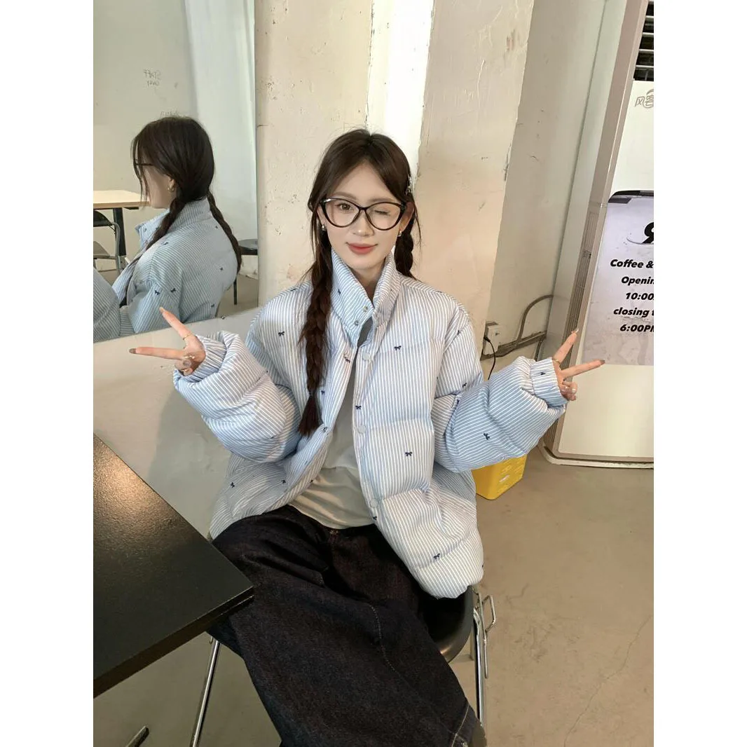 Japanese and Korean Vibe Style Striped Bow Cotton Jacket Winter New Versatile Thick Warm Jacket Blue