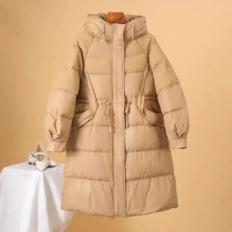 

Women's Winter Coat Long Section Hooded Down Jacket Fashion Waist Thickening Warm Braided Splicing Design Sense Drawstring Coat