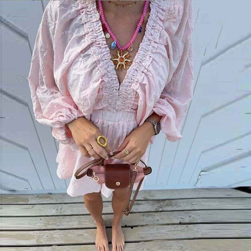 

Lady Fashion Deep V-neck Loose Beach Vacation Jumpsuit Casual High Waisted Elastic Jumpsuit Simple Solid Lantern Sleeve Jumpsuit