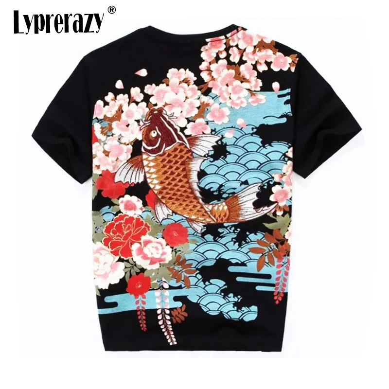 Lyprerazy Embroidery T-shirt Chinese Style Carp Fish Dragon Embroidery Short-sleeved Men\'s T-shirt Cotton Tops Tees