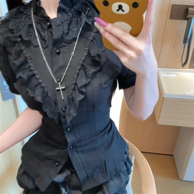 

Готическая черная кружевная блузка с коротким рукавом, сексуальный топ для косплея на Хэллоуин, темная серия, модная облегающая одежда в стиле Лолита из полиэфирного волокна