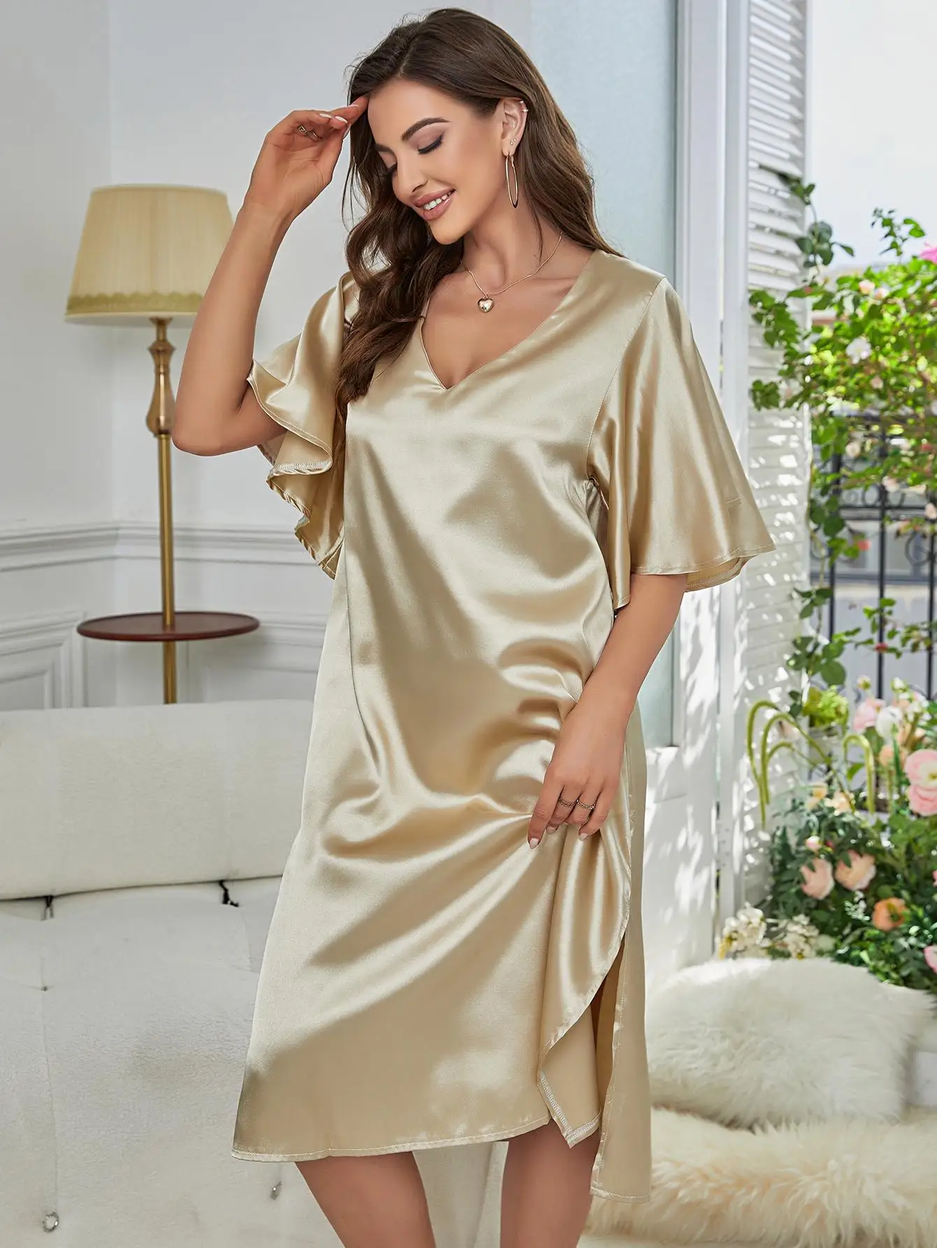 Golden Silk Satin Women\'s Nightgown V Neck Side Split Sleepshirt Casual Sexy Home Wear Night Dress Summer Nightwear Pajamas S-XL