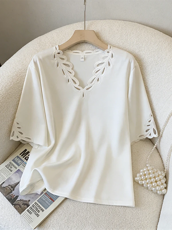 

Loose Summer New Women's T-shirt Hollow out Lace Trim V-neck Seven Sleeve Short Sleeve Top Breathable Comfortable Korean Style