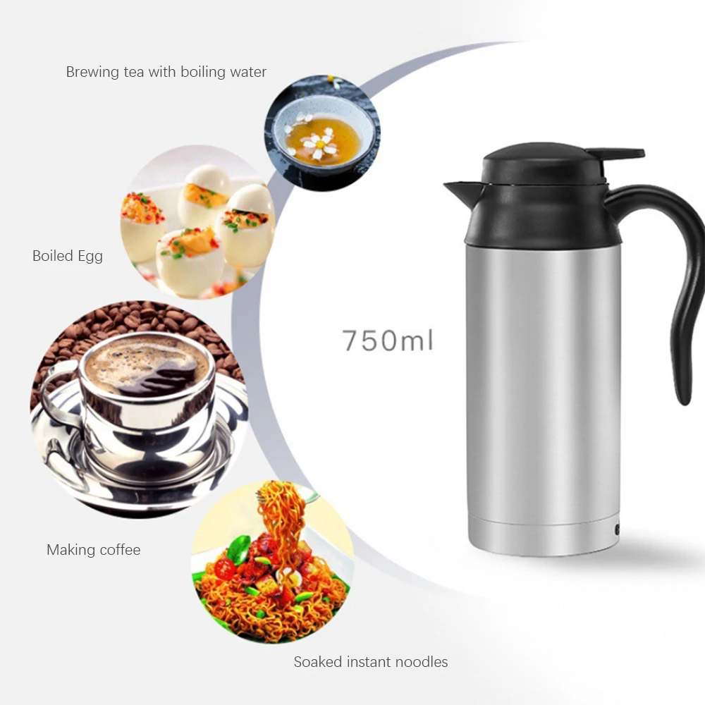 750ml Electric Water Kettle,12V/100W 24V/200W Portable Car Mounted Electric Kettle,Stainless Steel Boiling Cup