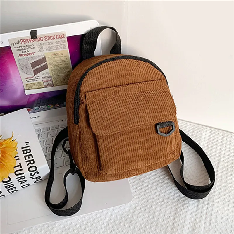 Women Mini Backpack Solid Color Corduroy Small Backpacks Simple Casual Student Bookbags Traveling Backpacks