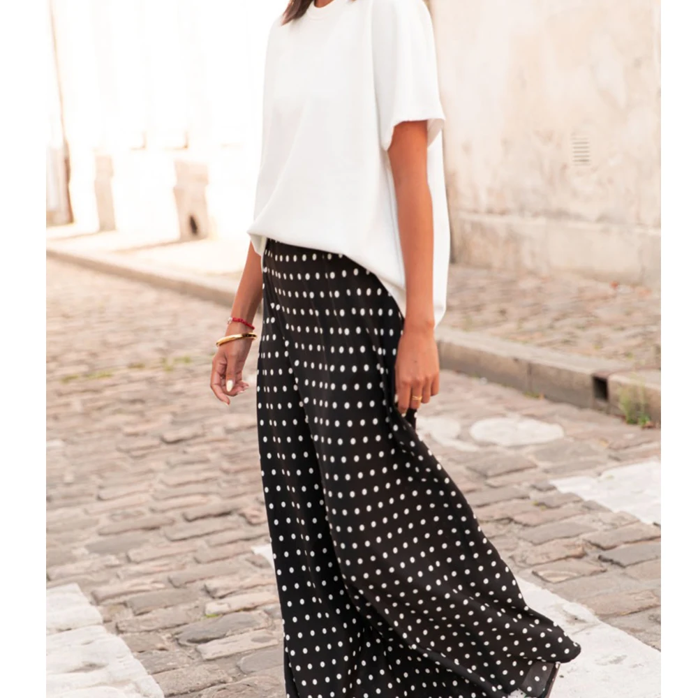 Women Vintage Aesthetic Polka Dot Maxi Skirts Elegant Bodycon A Line Flare Long Skirts Cute Dot Print Flowy Maxi Satin Skirts