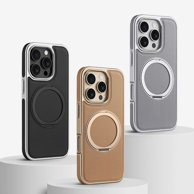Für Magsafe Magnetic 360 °   Rotierender Metall-Autohalterungsring, einfarbige Leder-Handyhülle für iPhone 16 Pro Max 14 13 15 Pro Max
