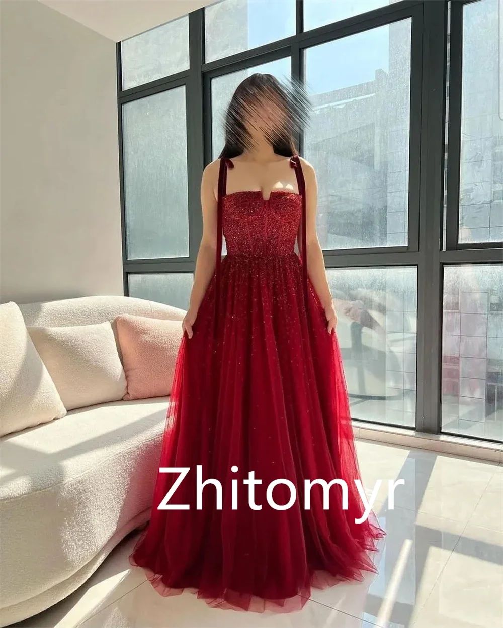 Customized Exquisite Intricate Spaghetti strap A-line Party Dresses Beading Floor length Tassel Organza Evening  formal dress