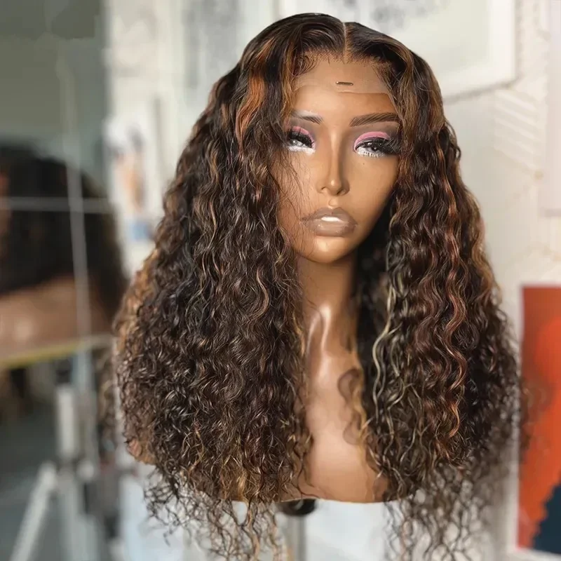 

26inch Long Soft Highlight Brown Blonde Kinky Curly 180Density Lace Front Wig For Black Women BabyHair Preplucked Heat Resistant