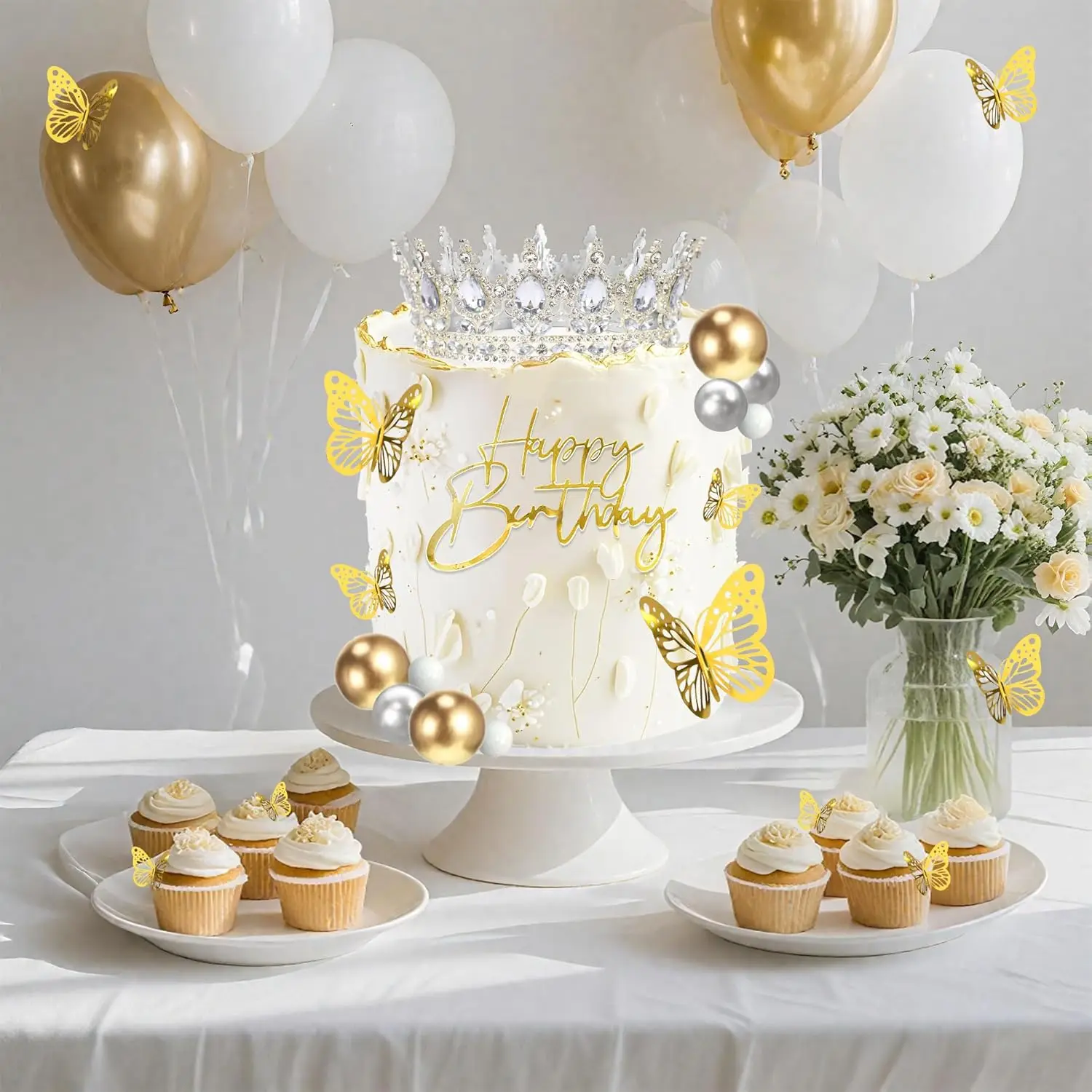 Kronen-Kuchenaufsatz, Kugeln, alles Gute zum Geburtstag, Kuchenaufsätze mit Kerzen, goldene Schmetterlinge, Kuchendekorationen für Hochzeit, Babyparty, Party – Detail 17