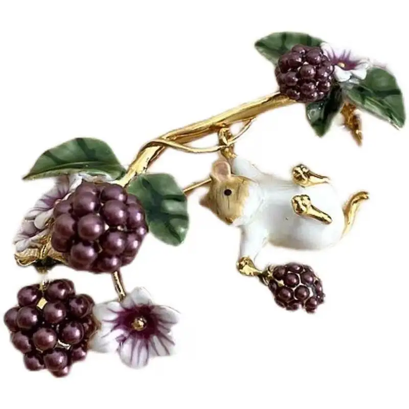 18K Gold Plated Enamel Guinea Pig Brooch Rat Hamster Mouse in Tree Blackberry of Pearl Jewelry