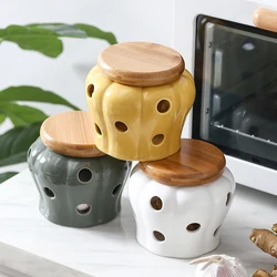 Cutout Kitchen Ginger Garlic Storage Jar Pumpkin Shape Storage Box Ceramic Storage Jar Porcelain Bamboo Lid Box Kitchen Utensils