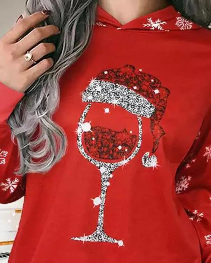 Christmas Elegant Women\'s Dresses Autumn Snowflake Wine Glass Print Casual Long Sleeved Hooded Dresses Temperament Mini Dresses