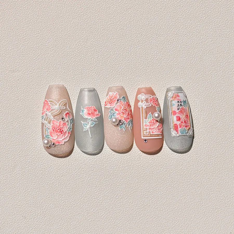 Pegatinas de Arte de uñas de flores rosas Kawaii, 5D, 1 piezas, dibujos animados, estilos chinos, peonía, Qipao, calcomanías autoadhesivas, accesorios de decoración de uñas