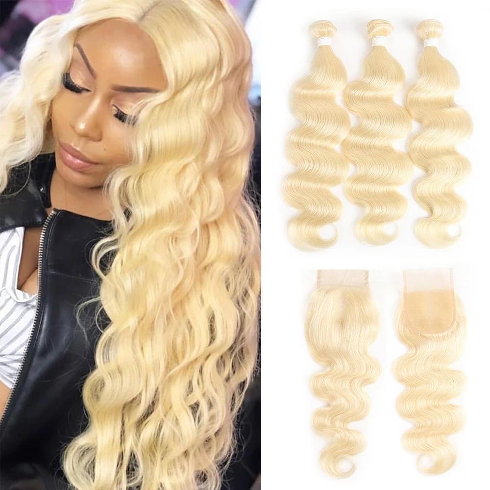 613 Blonde Body Wave เส้นผมมนุษย์รวมกลุ่มกับการปิด4X4 Platinum สีบลอนด์3ชุดที่มี Non-Remy ผมขยายสาน