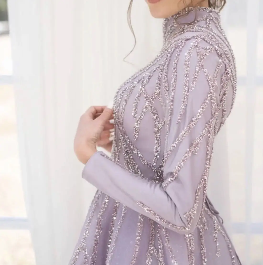 Lilac Islamic Beading Prom Dresses Ankle Length Sequin Muslim Party Gown Lace Up Back Organza Vestidos De Soirees Long  Sleeve