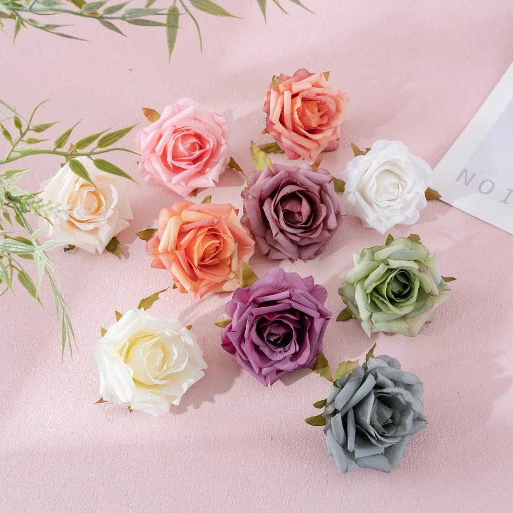 10Pc Curle Edge Rose Head Flower Artificial Silk Flowers for Home Decoration DIY Wedding Background Wall Fake Rose Flower Wreath