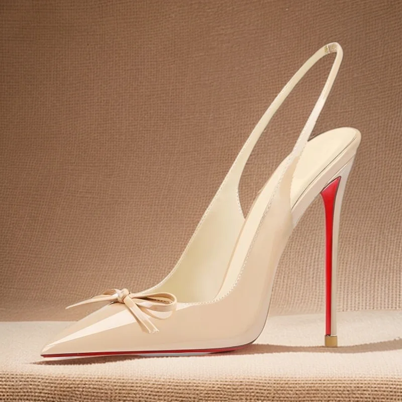 

Naked patent leather bow red soled high-heeled sandals 2025 new style pointed temperament shallow mouth comfortable single shoe