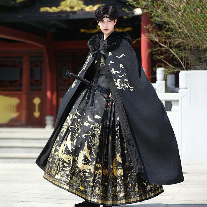 

Костюм для пары, черный плащ ханьфу, осень-зима, винтажная теплая шикарная накидка с капюшоном и вышивкой, пальто в восточном стиле, древнее мужское и женское пальто