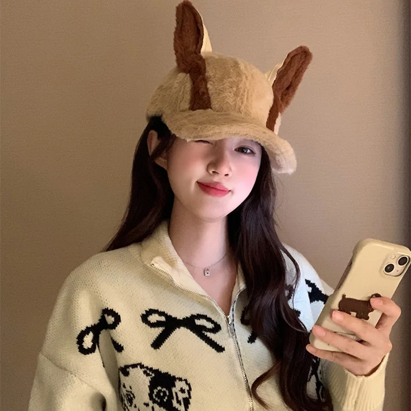 Women's Winter Sweet Cute Hundred American Dubin Ears Plush Duck Tongue Hat Thickened Warm Show Face Small Baseball Cap