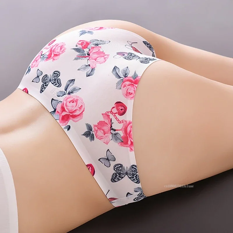

Floral Low-rise Underwear Women's Ice Silk Seamless Printing Breathable Briefs Underwears Female Half-hip Shorts Sexy Lingerie