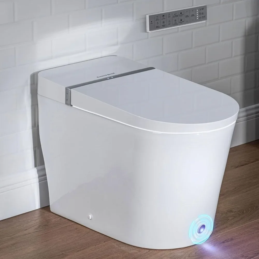 Smart Toilet with Built-in Bidet, Wider Heated Seat, Foot Sensor Flush, Off-Seat Auto Flushing, Touch Panel Remote