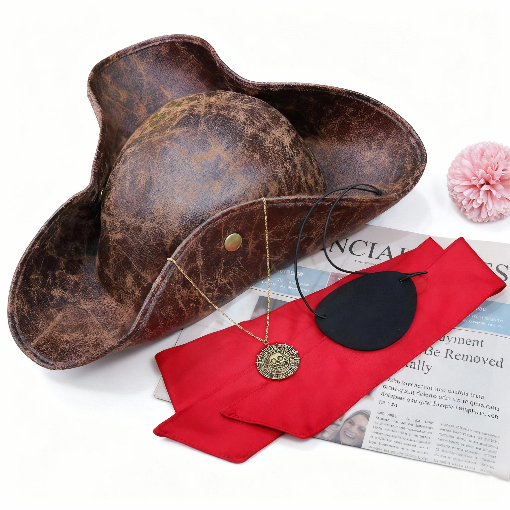 Sombrero de pirata renacentista para adultos, sombrero tricornio de piel sintética marrón para hombres y mujeres, accesorios de disfraz de pirata para Cosplay de Halloween