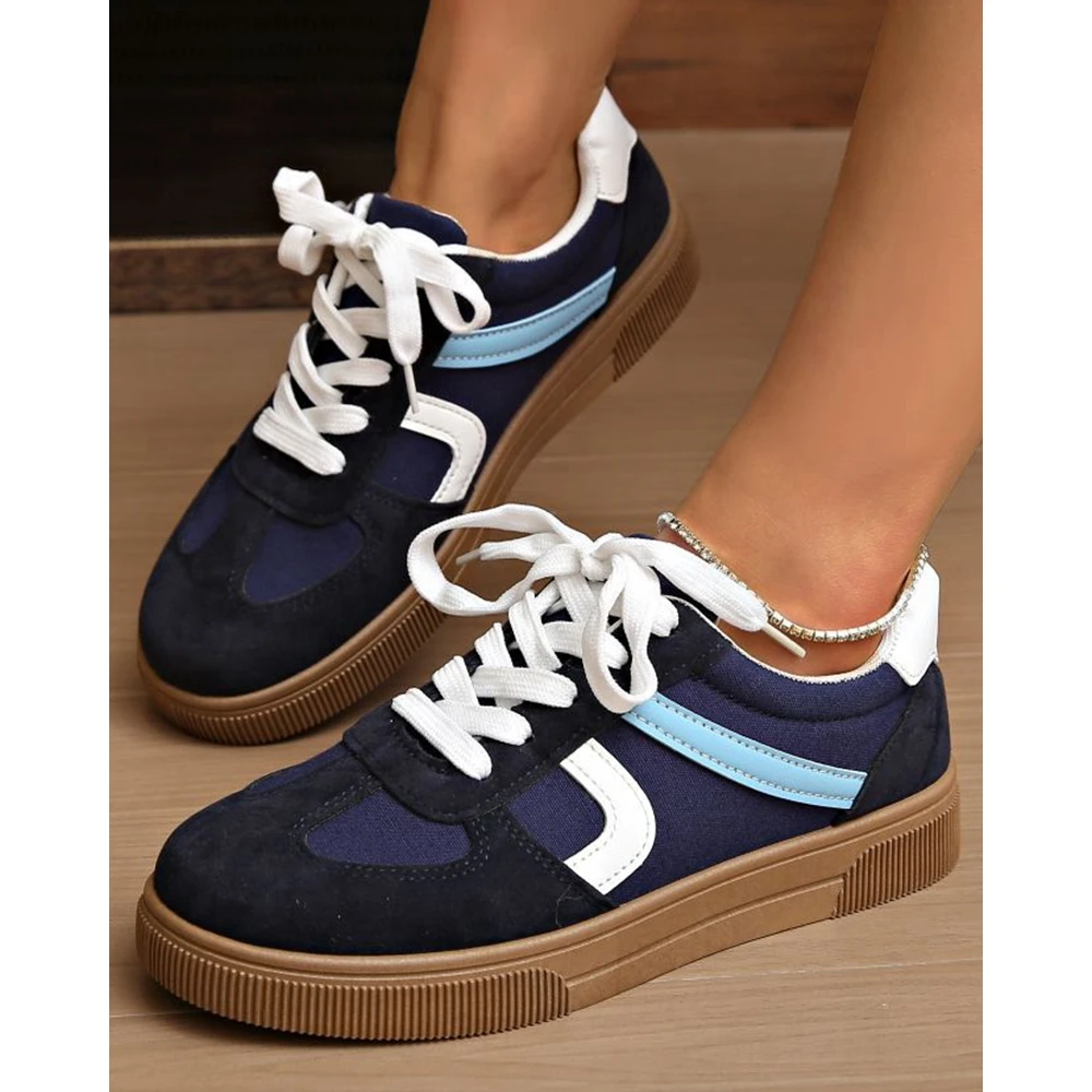 

New Arrival Women's Pink Blue Color Block Sneakers, Retro 80s Style Low Top Canvas Casual Shoes, Fashionable Lace-Up Gum Sole