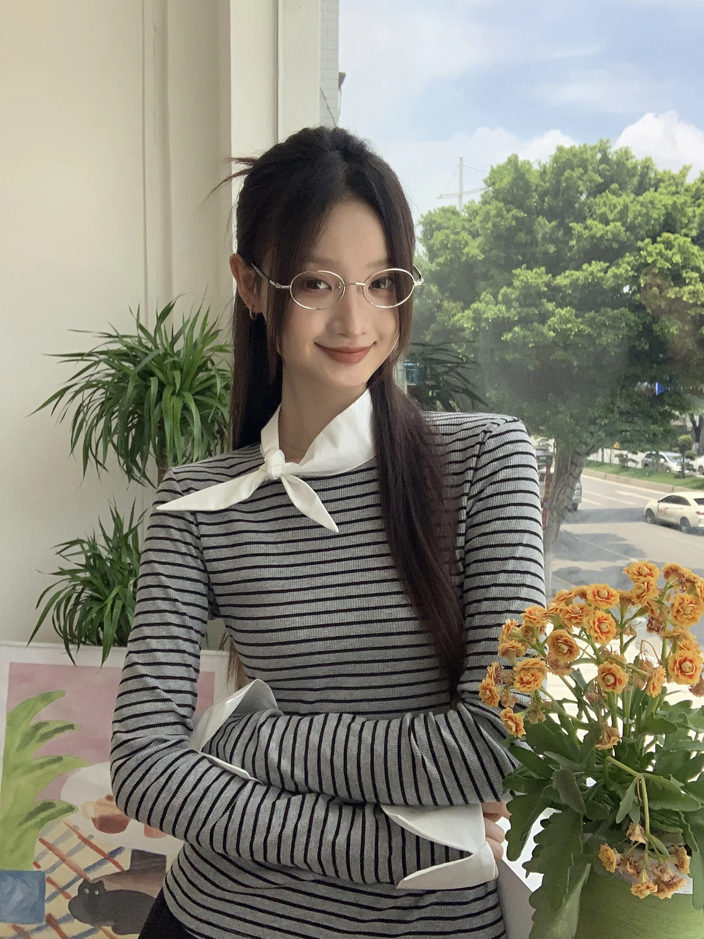 قميص نسائي محبوك بأكمام طويلة ومخطط للخريف، تي شيرت أحمر بتصميم عصري مستوحى من المتاحف، قمة الأناقة للسيدات #4