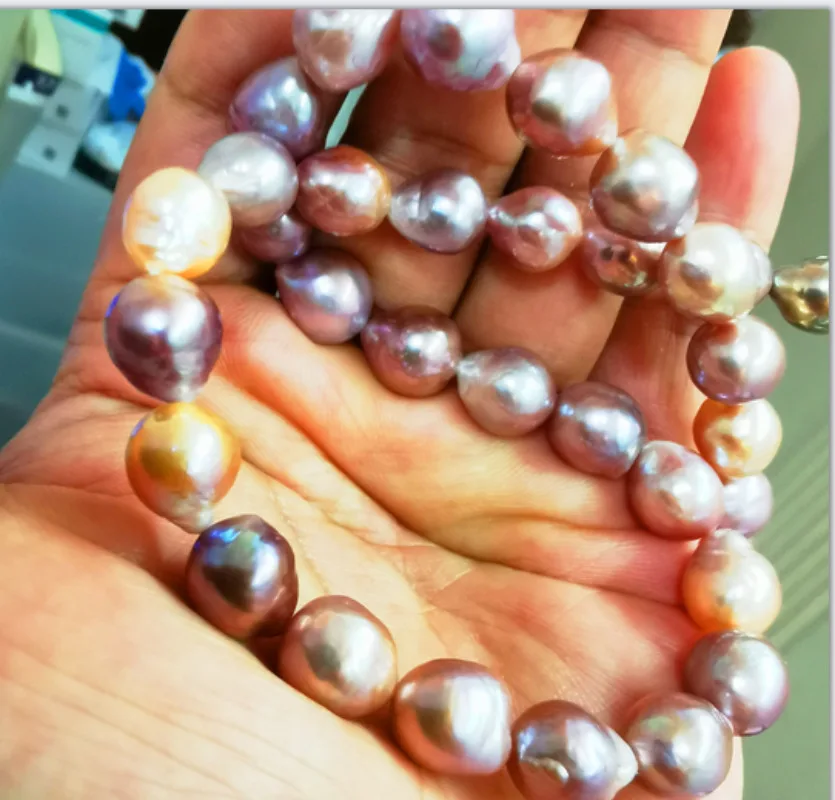 

Luxury 17"11-14mm south sea Genuine Gold Pink Purple Lavender Keshi Pearl Necklace Jewelry