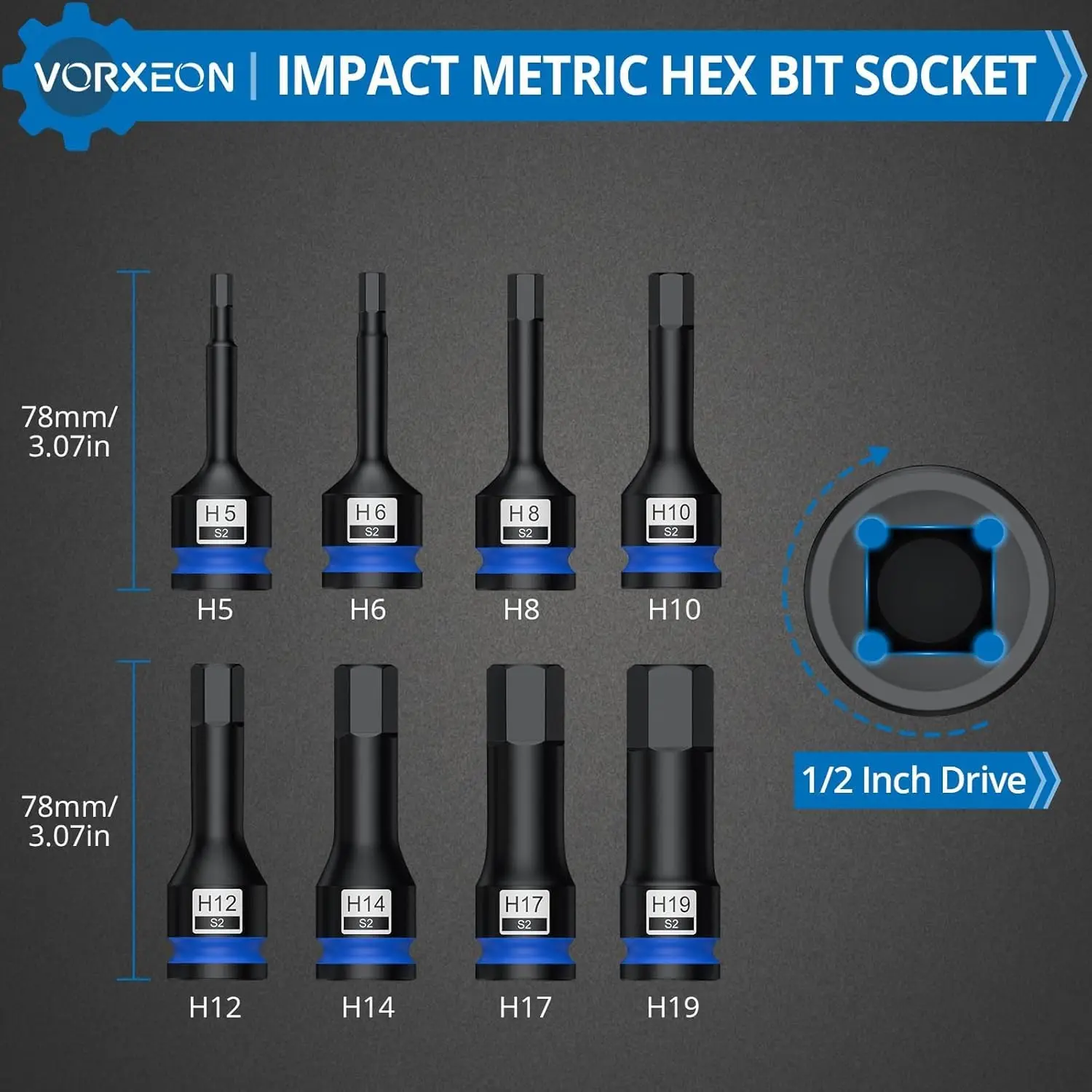8 قطعة 1/2 "محرك متري تأثير ألين عرافة مجموعة مقابس S2 سبائك الصلب قطعة واحدة مزورة مع حقيبة للتخزين 5 مللي متر-19 مللي متر #3