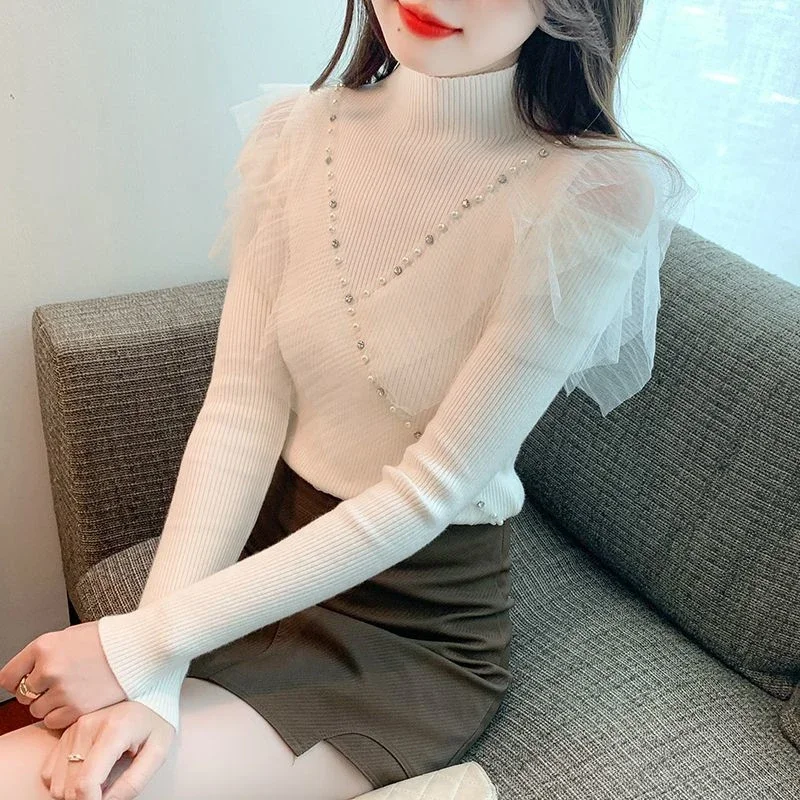 Autumn Winter New Off Shoulder Slim Pullovers Top Long Sleeve Net Yarn Patchwork Elegant Sweaters Korean Fashion Women Clothing