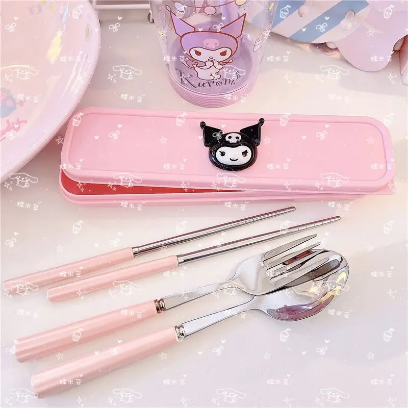 

Kawaii Sanrio Cinnamoroll Hello Kitty My Melody Artoon Children Tableware Set Kuromi Student Stainless Steel Set Fork Spoon