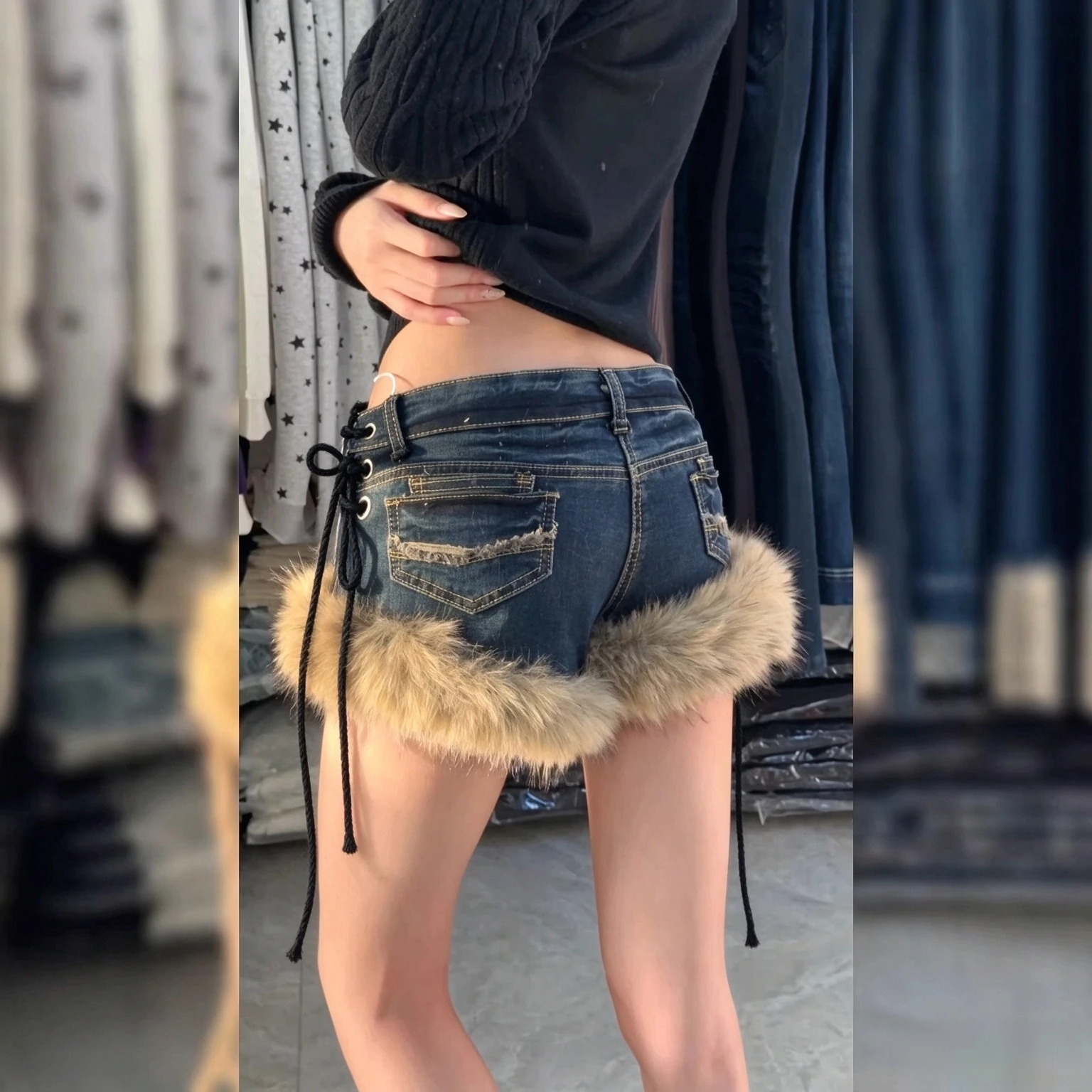 Damen Y2K Vintage Denim-Mikrominirock mit Kunstfellbesatz, Niedriger Bund, Schmetterlings-Stickerei, Ösen, Schnürung, Streetwear-Rock – Detail 7