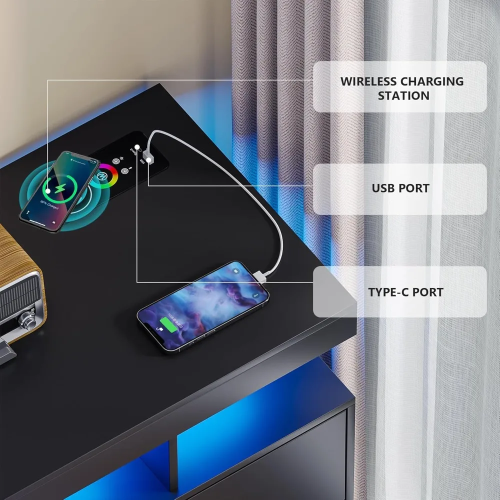 40" LED Buffet Cabinet with Wireless Charging Station,Auto Sensor RGB 20-Color Dimmable Sideboard with Human Body Induction