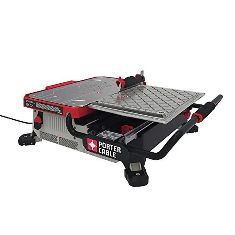 

7-Inch Wet Tile Saw with Onboard Miter Square Roll Cage Splash Guard Stainless Steel Deck PCE980