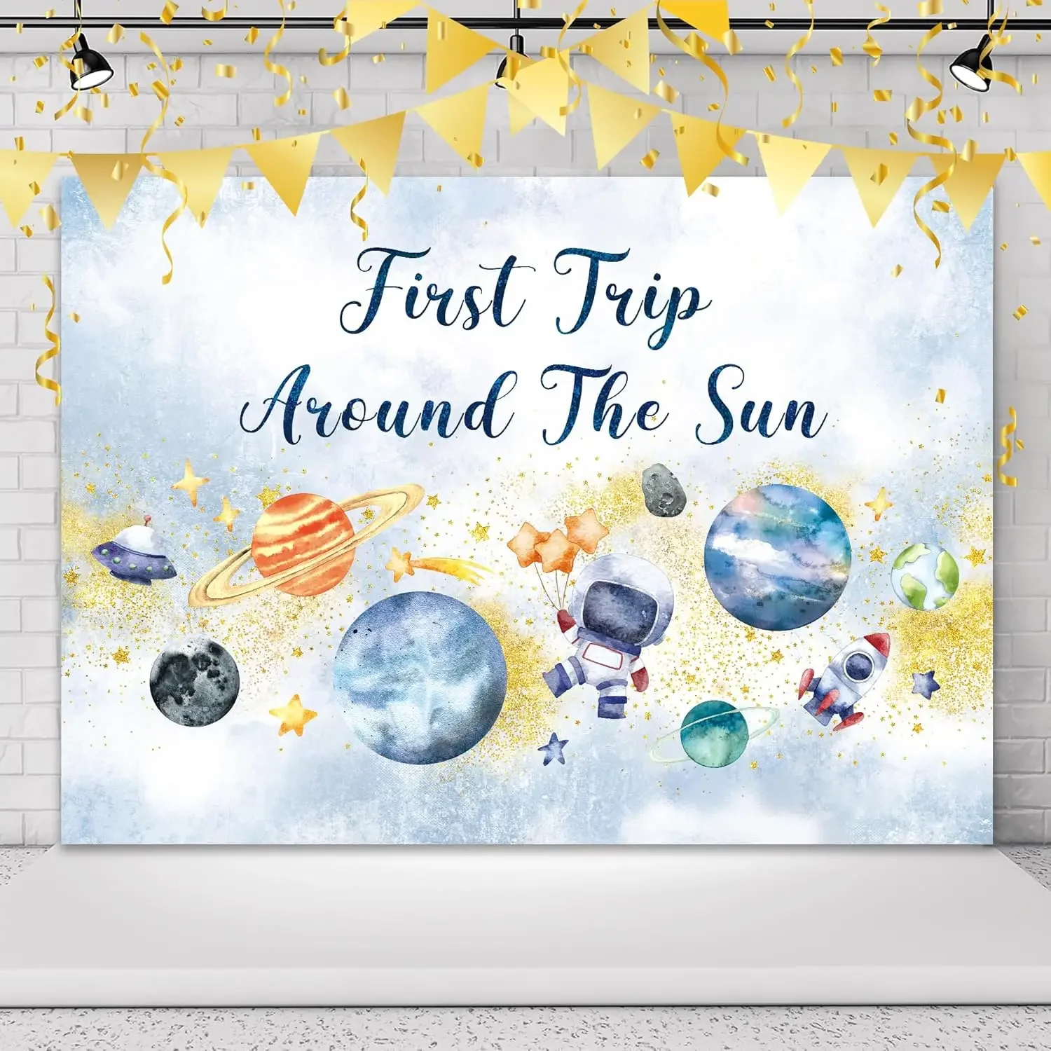 

Фон для фотосессии на первый день рождения мальчика: Первое путешествие вокруг Солнца, мультяшный космос, планеты, звезды, вечеринка, студийный фон для фотографий