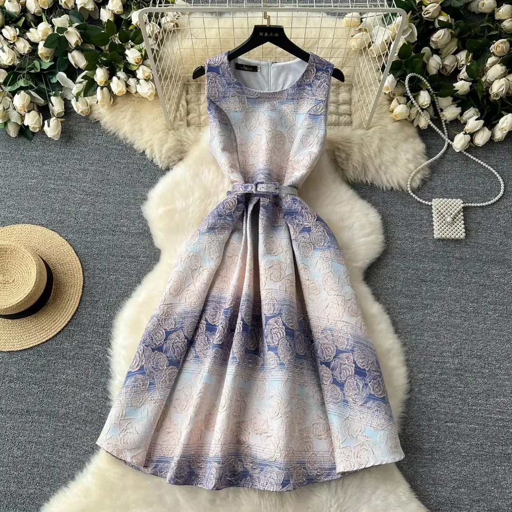 

Elegant Sleeveless Print Jacquard Dress Vestidos Slim Women Summer Sweet Party Vintage Basics Casual Dresses