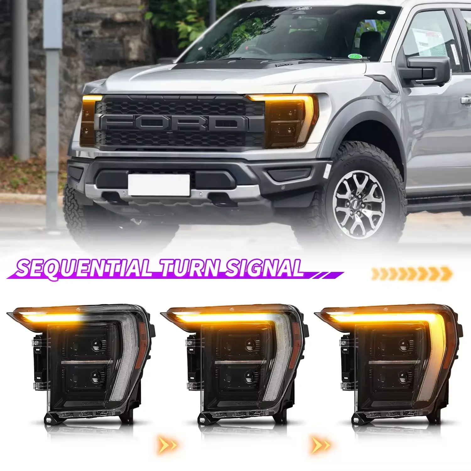 New Arrival LED Strip Head Lamp 2020 Year Black Housing  For FORD F150 Raptor 2021 2022 2023