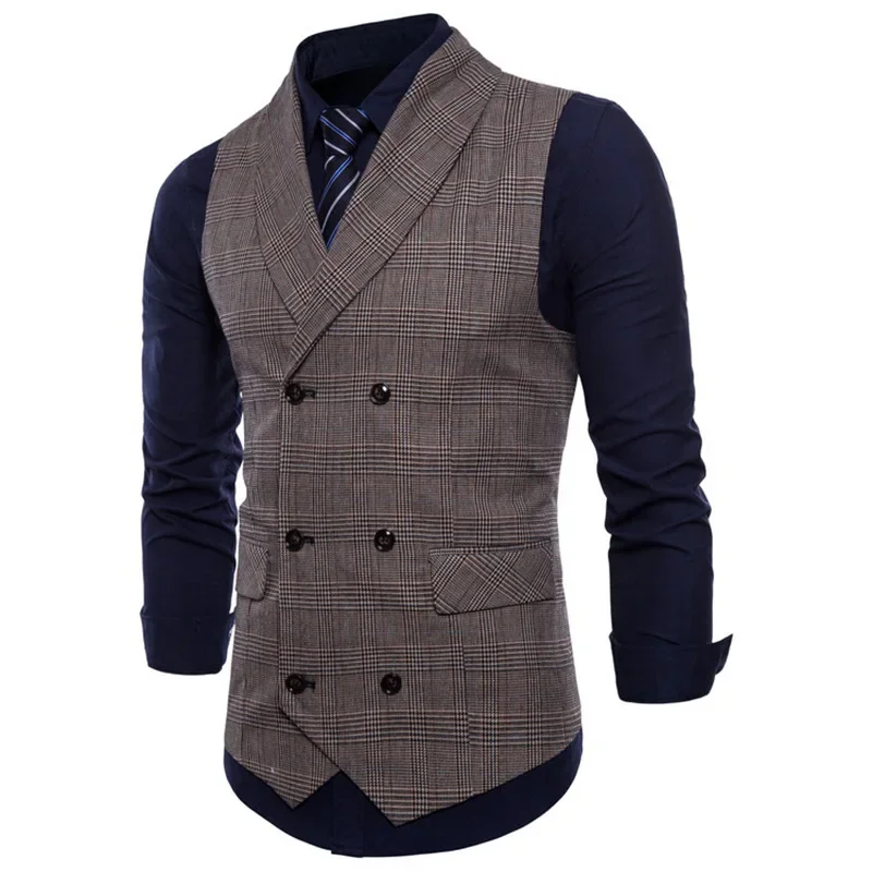 Vintage Double-breasted English Style Plaid Vest Men's Fashionable Suit Horseman Business Casual Tank Top Autumn/winter