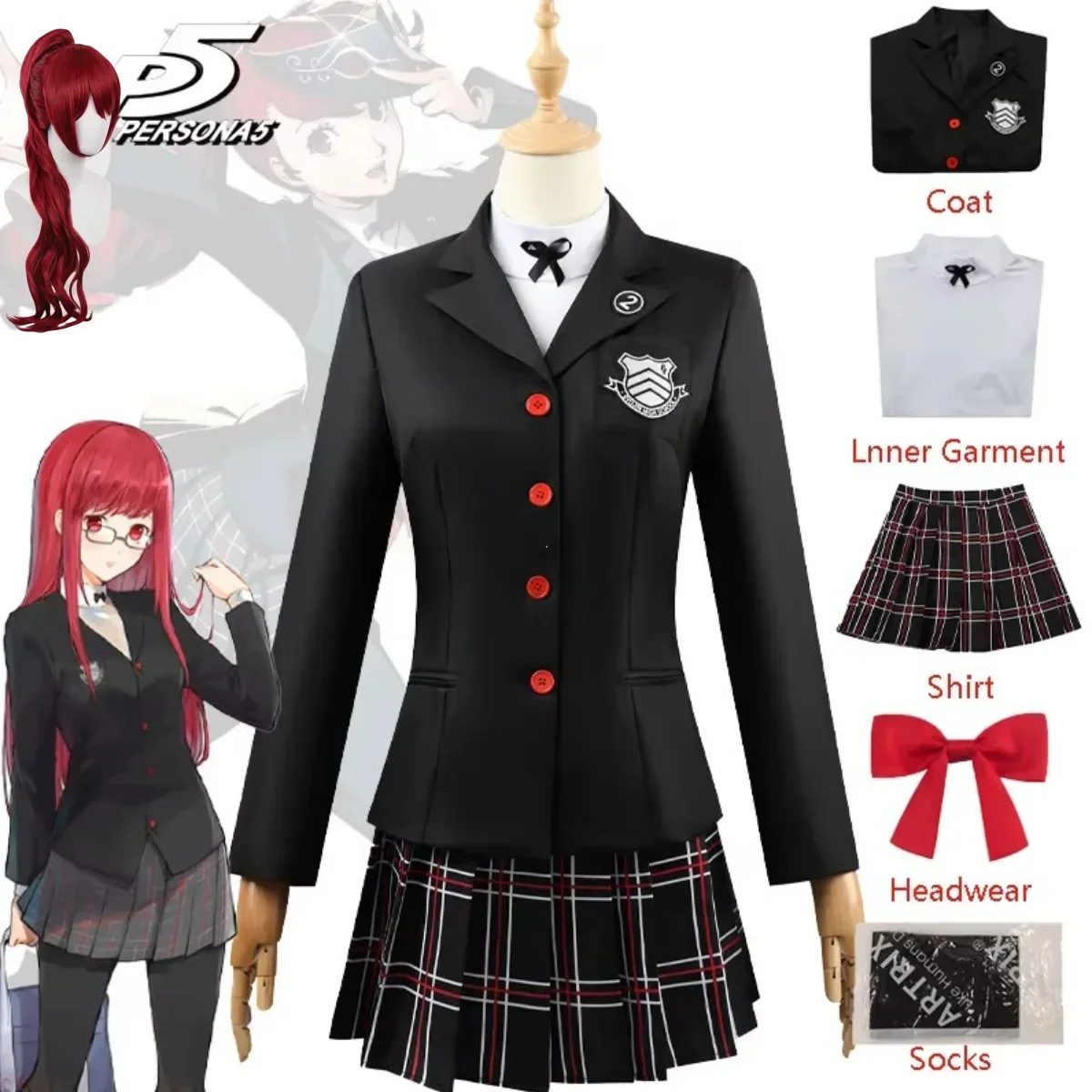 

Game P5 Kasumi Yoshizawa Cosplay Costume School Badge Suit JK Uniform Dress For For Halloween Carnival Party Comic Con
