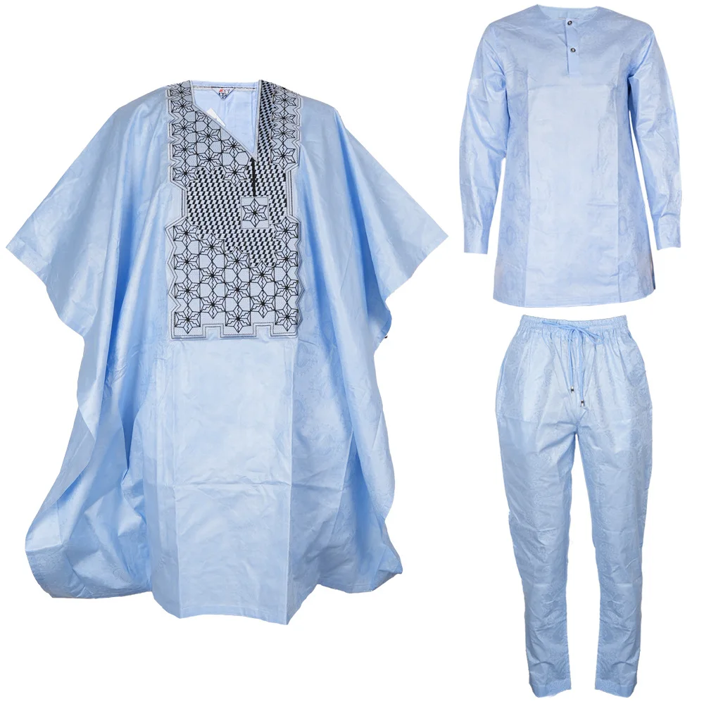 Plus Size African Clothes for Men Bazin Embroidery Design 3 PCS Set Tops and Pants Trousers Suits Dashiki Africa Clothing