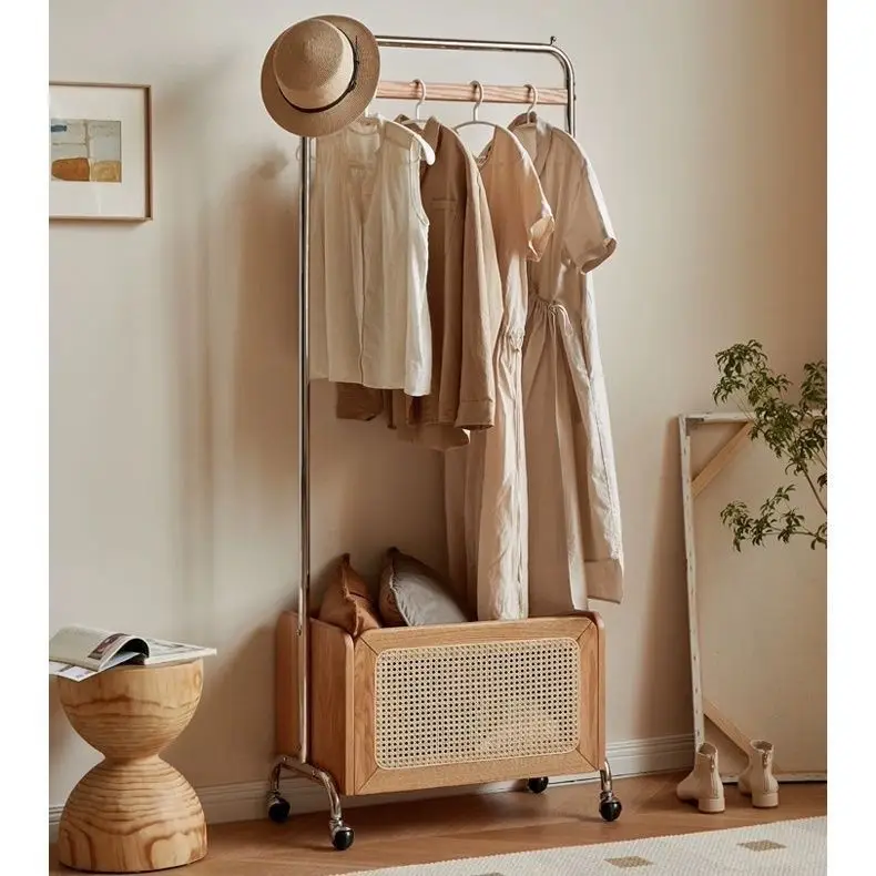 

Floortoceiling medieval solid wood rattan clothes bedroom stainless steel rack hanging mobile